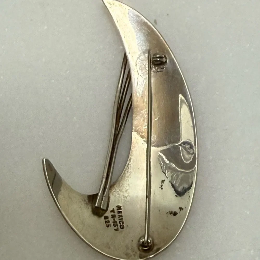 Vintage Taxco Mexican Sterling Silver Modernist Cresent Brooch TM-157 925 Large
